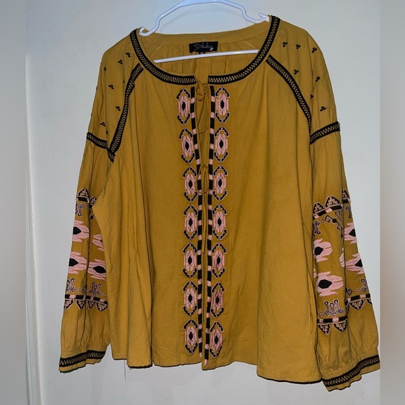 Anthropologie RD +Koko Plussize Embroidered Boho Puff Sleeve TieFront Jacket Top - Picture 8 of 10